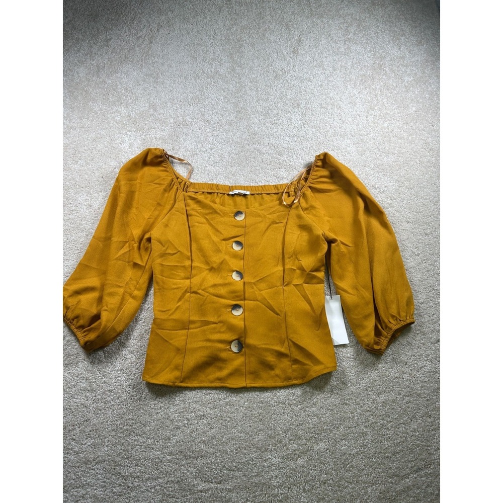 Crescent & Willough Mustard Button-Down Blouse Size L Boho Peasant